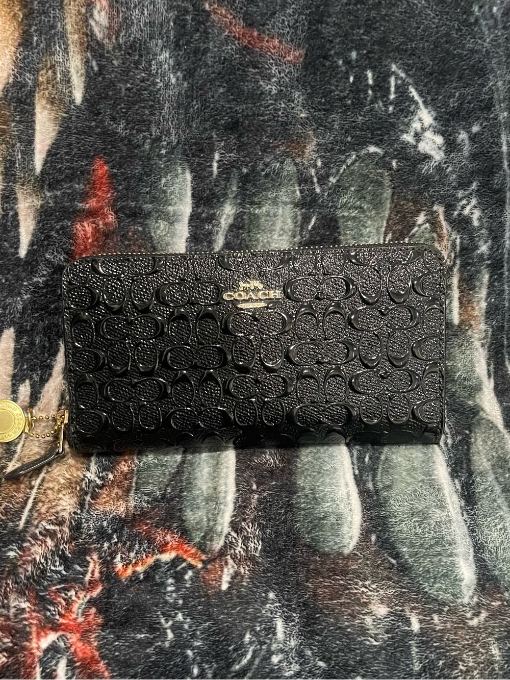 Coach Black Embossed Signature Zip-Around Wallet with Gold Logo. WCO